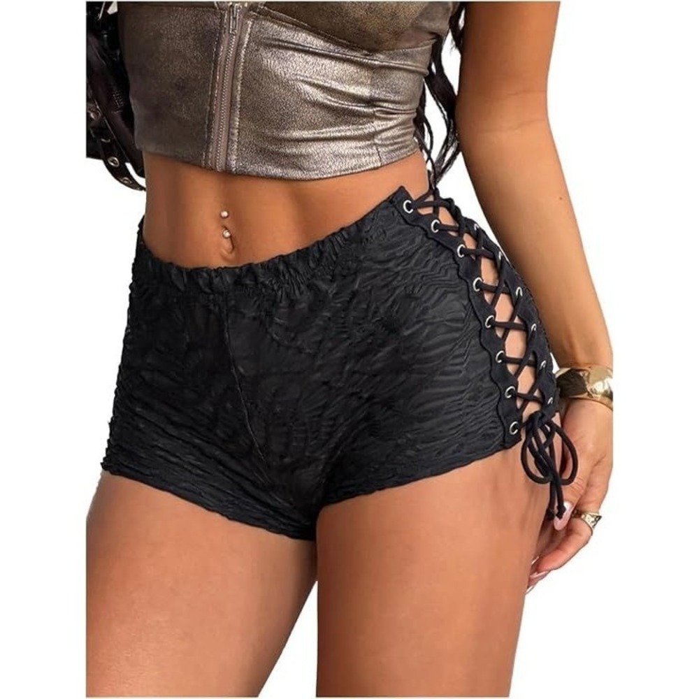 Milumia Women's Low Waist Side Tie Lace Up Mini Hot Shorts - Black - XL